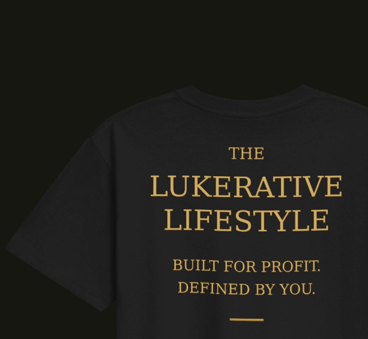 Back of Signature Tee with The Lukerative Lifestyle and Built for Profit. Defined by You. in gold
